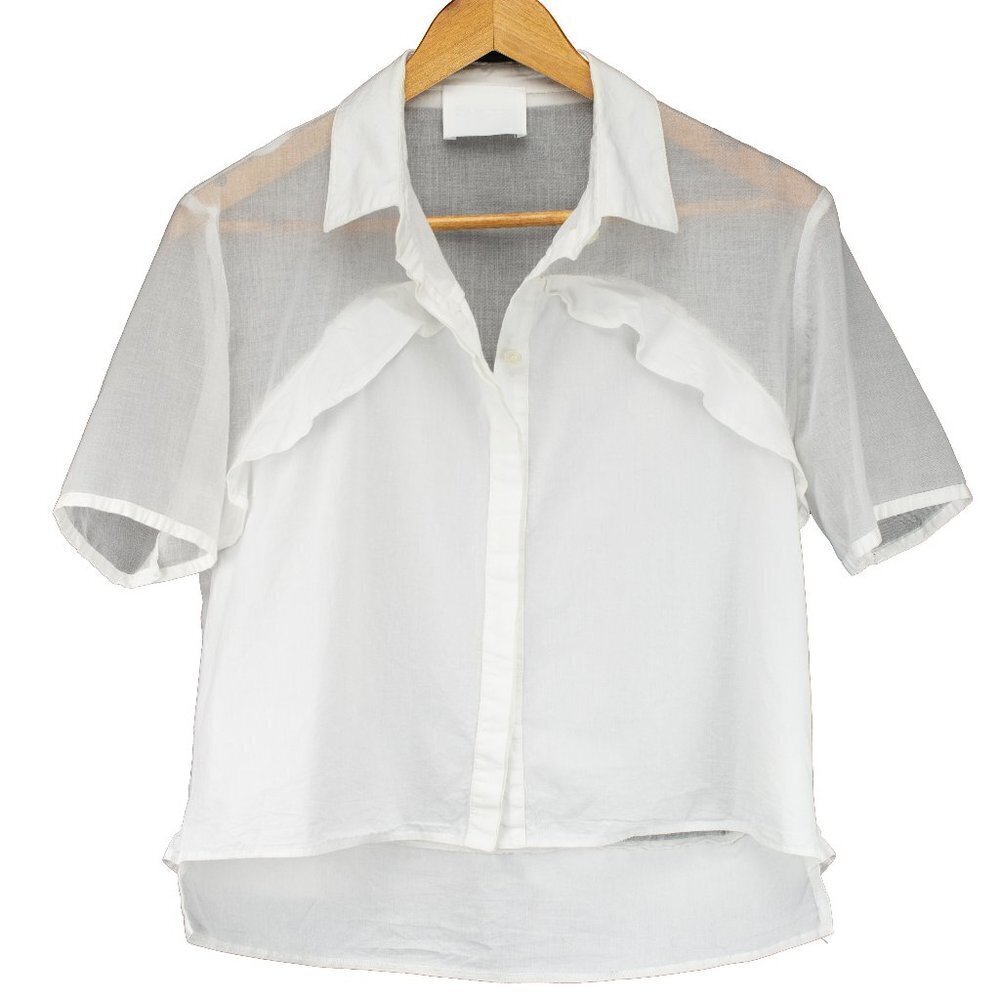 DIAB’LESS Sheer Ruffles Cropped Button down White Shirt Flounce s M